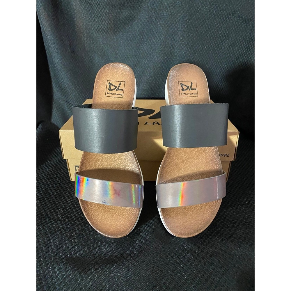 Dirty Laundry Can't Stop Black Sandals Size 7.5 Holographic Iridescent Slides